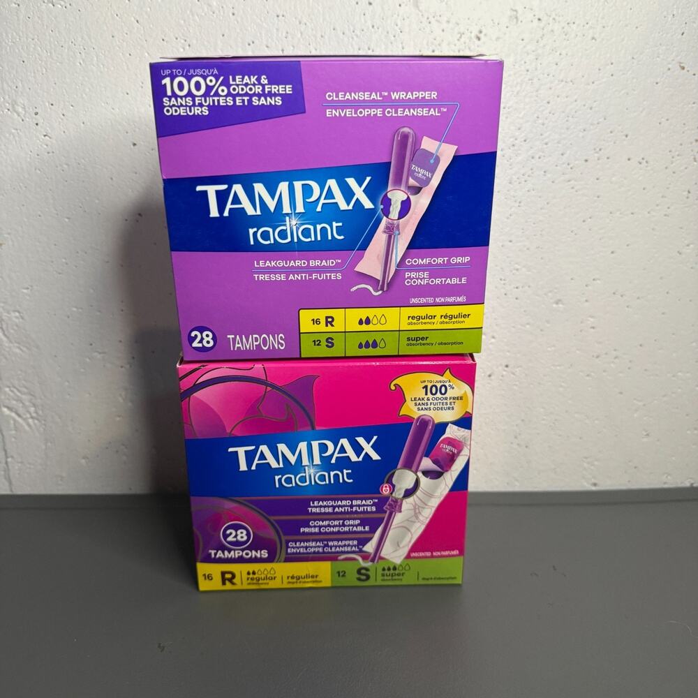 2 PK Tampax Radiant Duo Pack Tampons w/ LeakGuard Braid Regular & Super 28 Ct EA